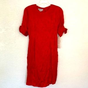 NWT Vintage 80’s red silk damask short sleeve midi dress